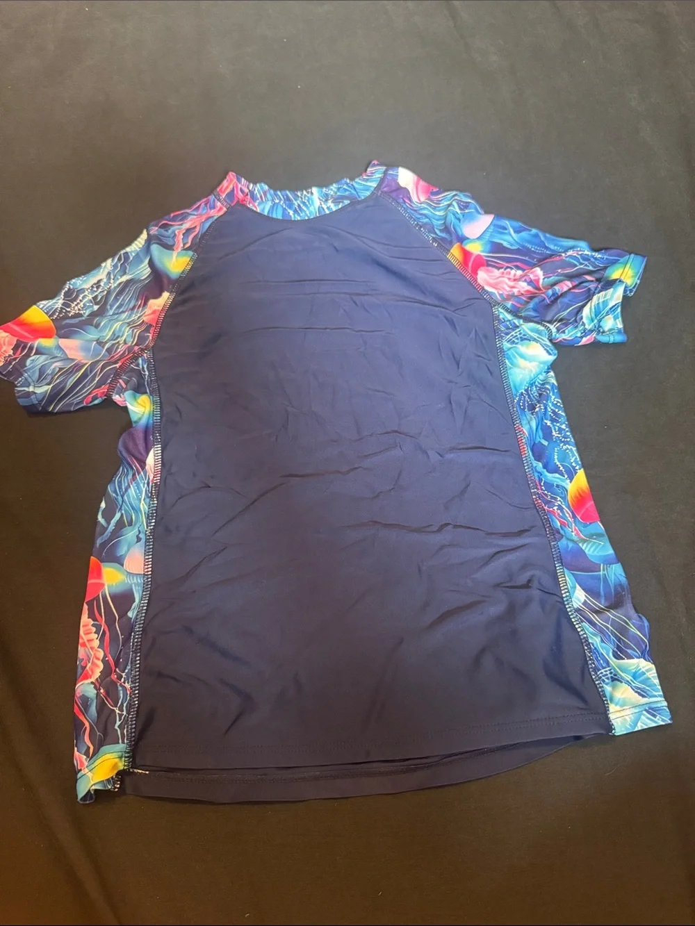Men's Navy Blue Rash Guard Swim Shirt with Multicolor Print Panels